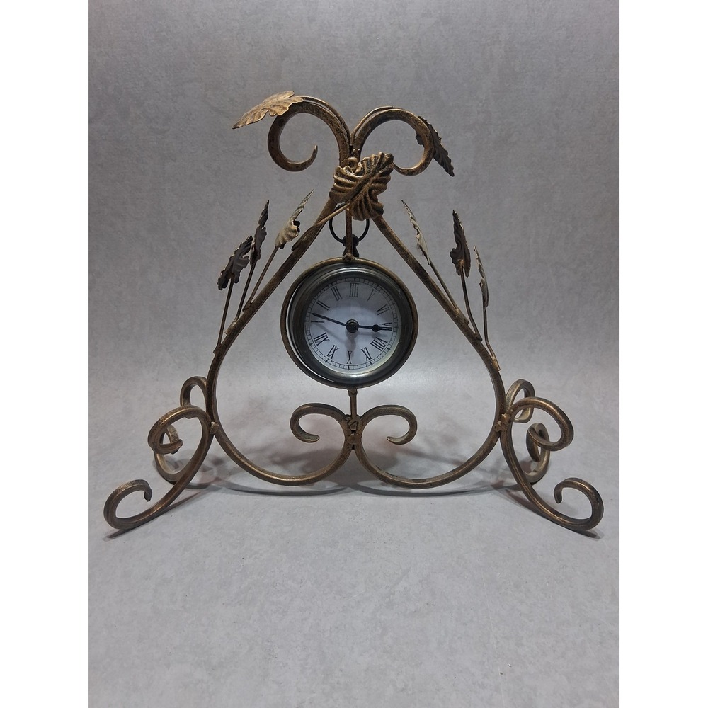 Freestanding Metal Mantle Clock With Leaf Pattern. Made In India. Tested - Works